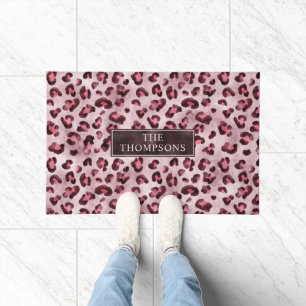 Paillasson Impression d'animal léopard rose avec faux feuille