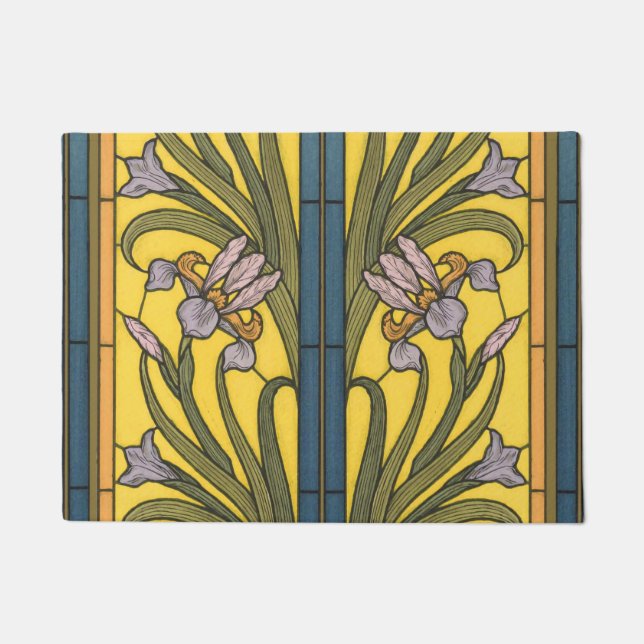 Paillasson Iris Fleur Art Nouveau Vitrail Bleu Or (Devant)