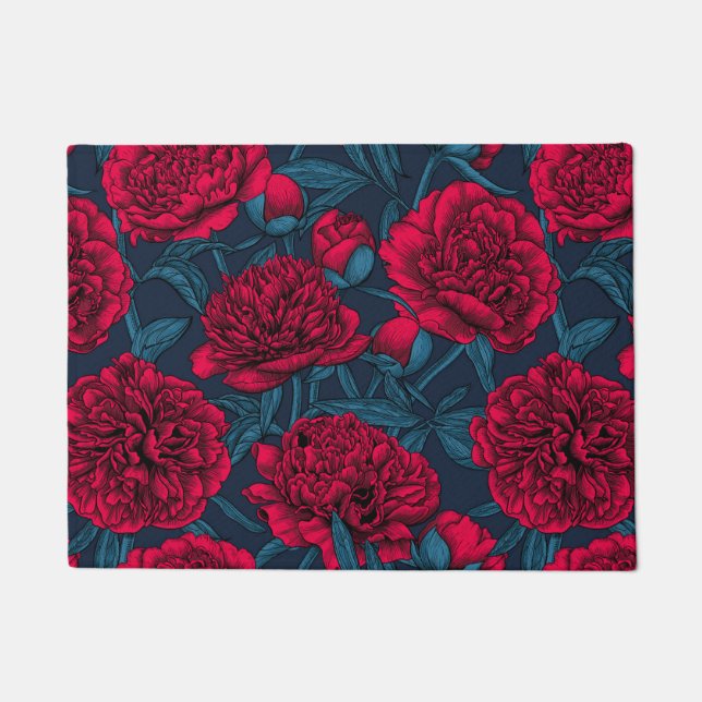 Paillasson Jardin de pivoine rouge sur bleu foncé (Devant)