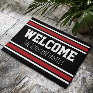 Paillasson Jersey sport noir et rouge avec nom - Bienvenue