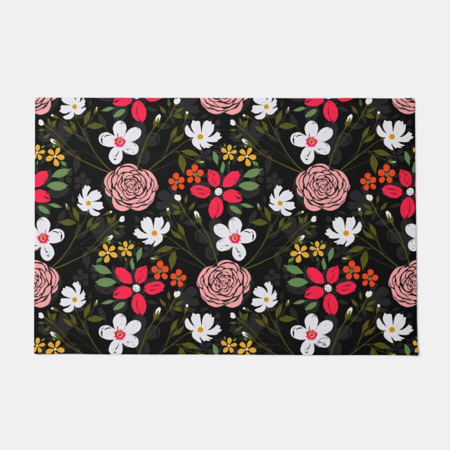 Paillasson Joli blanc rose floral noir brush Strokes (Devant)