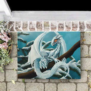 Paillasson Joli Dragon Blanc d'Hiver Arbre de Pin enneigé Fan