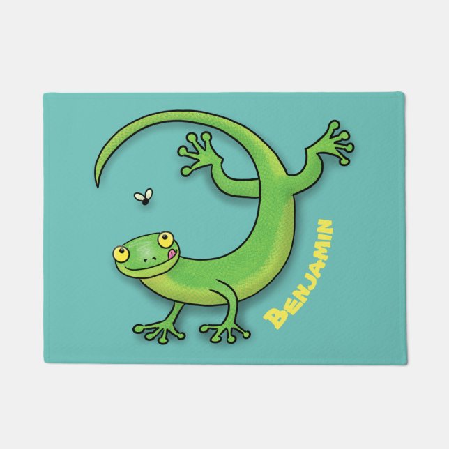 Paillasson Joli gecko vert salutations avec dessin animé (Devant)