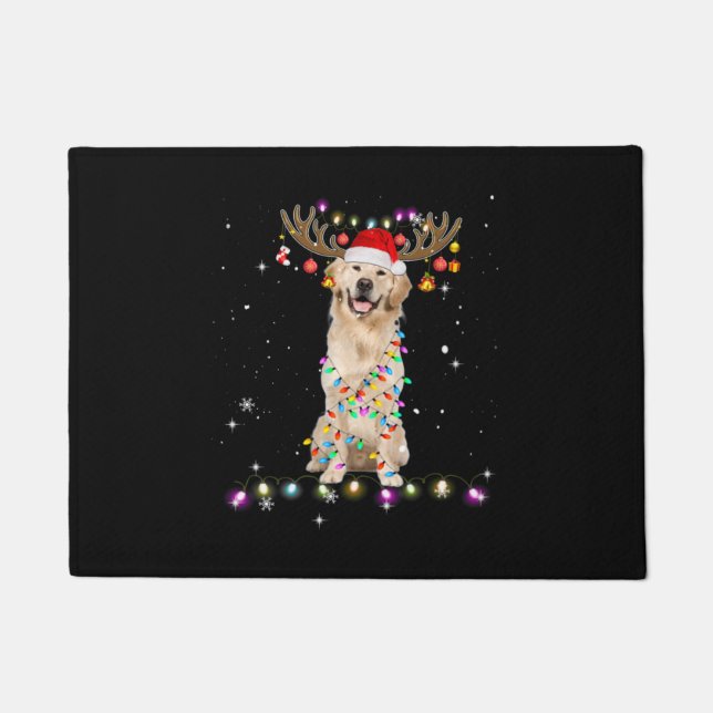 Paillasson Joli Golden Retriever lumières de Noël Reindeer (Devant)