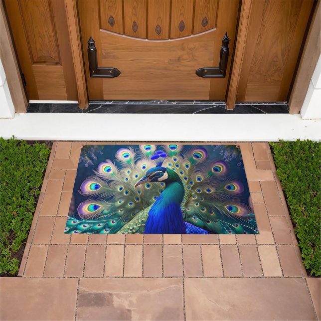 Paillasson Joli paon avec plumage turquoise et or (De plein air)