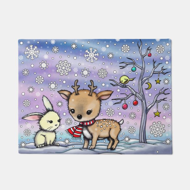Paillasson Joli Petit Cerf et Lapin Art Illustré (Devant)
