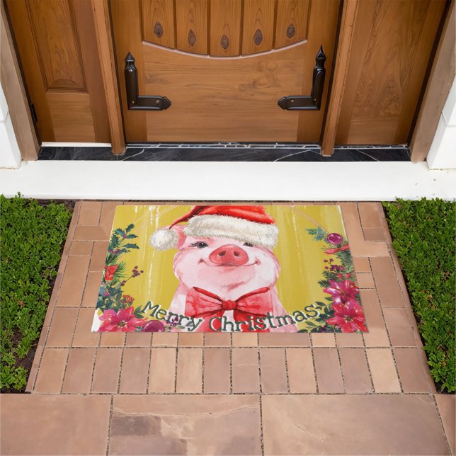 Paillasson Jolie Aquarelle Piglet Joyeux Cochon de Noël (De plein air)