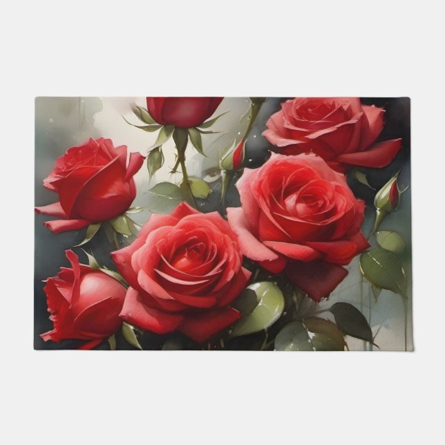 Paillasson Jolie peinture d'aquarelle roses rouges (Devant)
