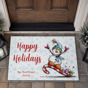 Paillasson Joyeuses Fêtes Famille de Bonhomme de Neige Nom No