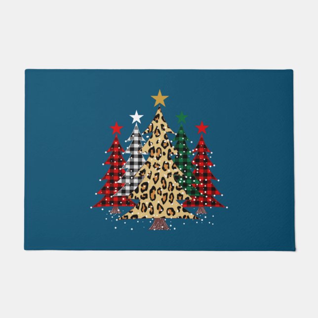 Paillasson Joyeux arbres de Noël avec Buffalo Plaid & Leopard (Devant)