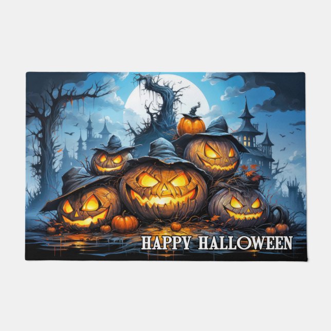 Paillasson Joyeux Citrouilles Éffrayants d'Halloween (Devant)