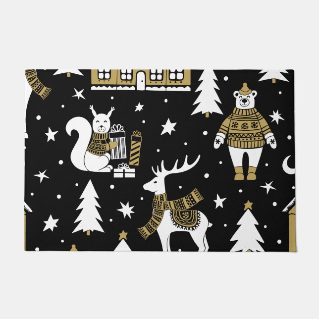 Paillasson Joyeux jeu de flocons de Noël noir et blanc (Devant)