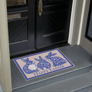 Paillasson Joyeux lapin de Pâques Bunny Bleu blanc Delft Ded