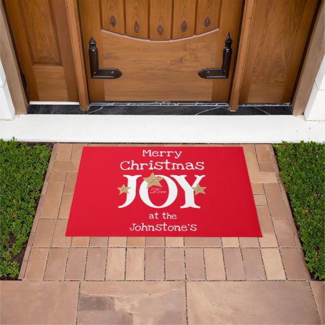 Paillasson Joyeux Noël Ajouter votre nom Script Rustic Red (De plein air)