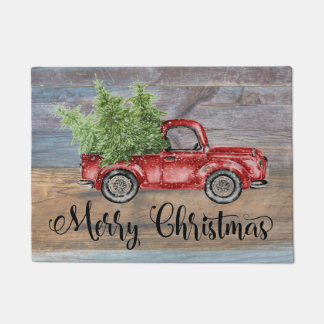 Paillasson Joyeux Noël Bois Rustique Et Chariot Rouge