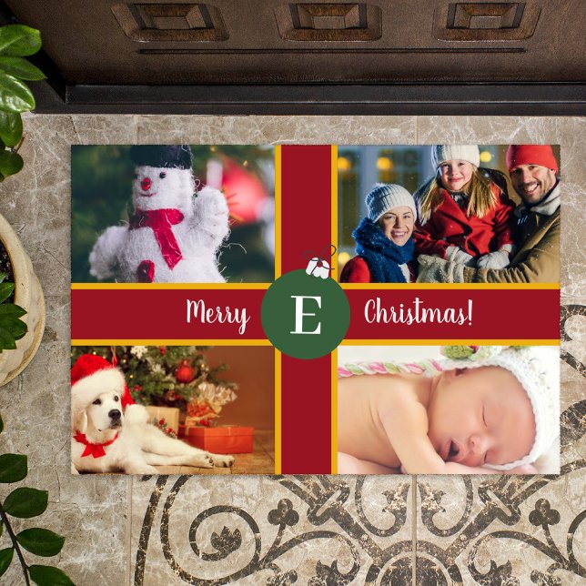 Paillasson Joyeux Noël Famille Photo Rouge Vert Monogramme (Créateur téléchargé)