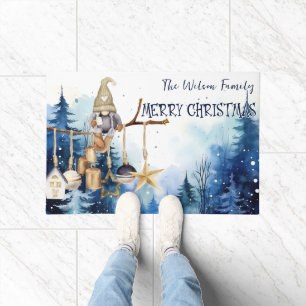 Paillasson Joyeux Noël Lady Gnome sur la forêt bleue