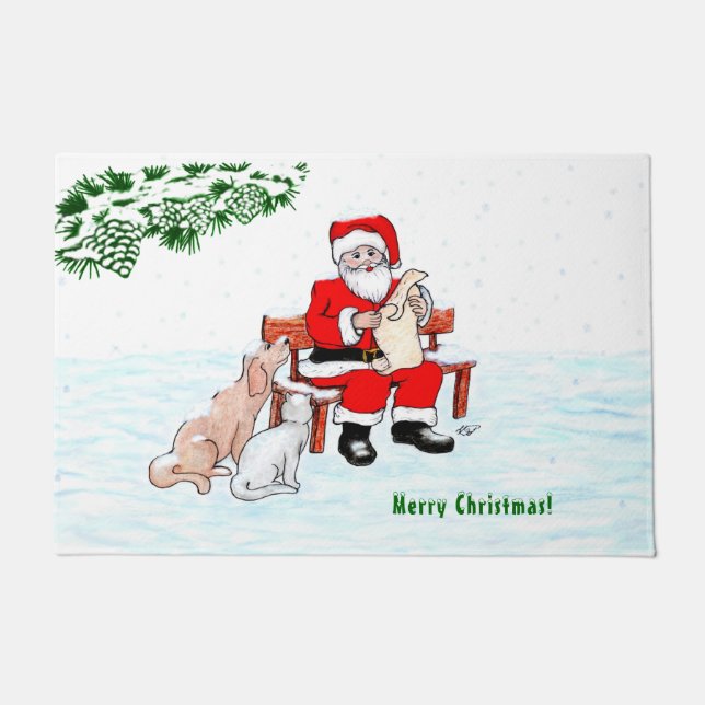 Paillasson Joyeux Noël! Père Noël avec chat et chien (Devant)