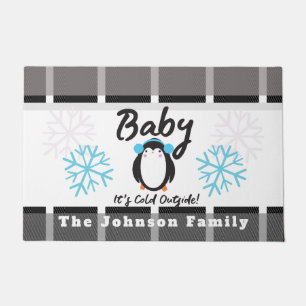 Paillasson Joyeux Noël Pink Snowflakes Famille Penguin