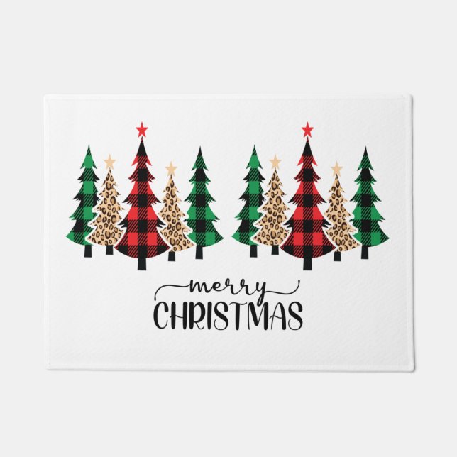 Paillasson Joyeux Noël Red Green Plaid Arbres (Devant)