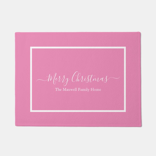 Paillasson Joyeux Noël rose blanc nom de famille Doormat (Devant)