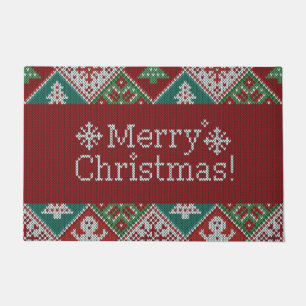 Paillasson Joyeux Noël Rouge Vert Blanc Faux Knit Motif