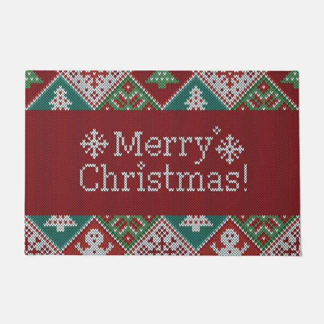Paillasson Joyeux Noël Rouge Vert Blanc Faux Knit Motif (Devant)