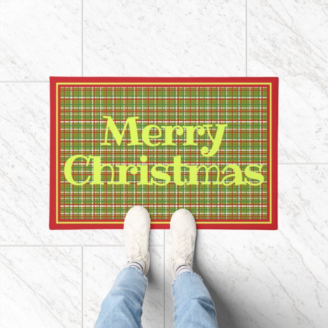 Paillasson Joyeux Noël Rouge Vert Plaid Design (Intérieur)