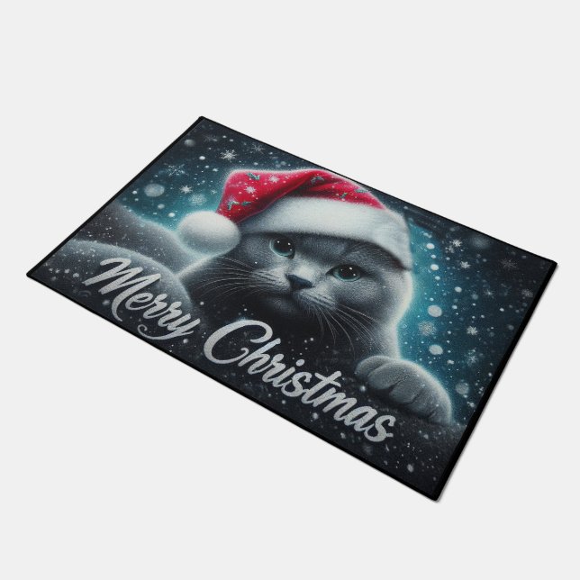 Paillasson Joyeux Noël Russe bleu Chat, Noël Père Noël Chat (Incliné)
