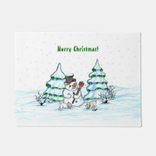 Paillasson Joyeux Noël ! Snowman avec chat et chiot