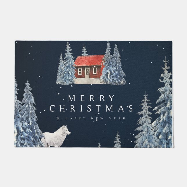Paillasson Joyeux Noël Wolf blanc et scène Cabine rouge (Devant)