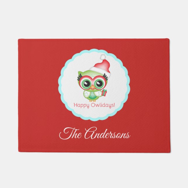 Paillasson Joyeux Owlidays Noël Santa Hat Holiday Owl (Devant)