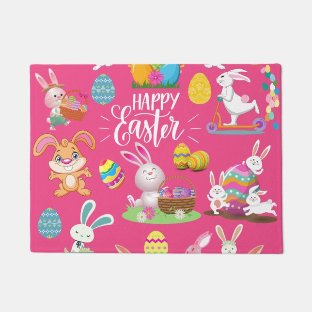 Paillasson Joyeux Pâques, Amusants Souhaits De Lapin Et Oeufs (Devant)