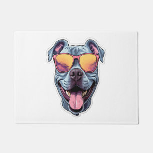 Paillasson Joyeux Pitbull bleu portant des lunettes de soleil