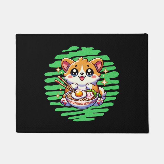 Paillasson Kawaii Corgi manger bol de Ramen (Devant)