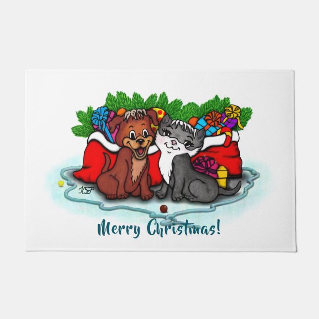 Paillasson Kitty et chiot, Happy XMas (Devant)