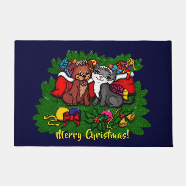 Paillasson Kitty et chiot, Happy XMas (Devant)
