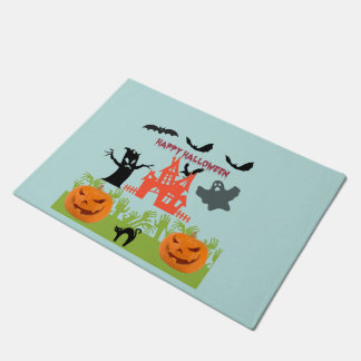 Paillasson La maison hantée d'Halloween, citrouilles, fantôme
