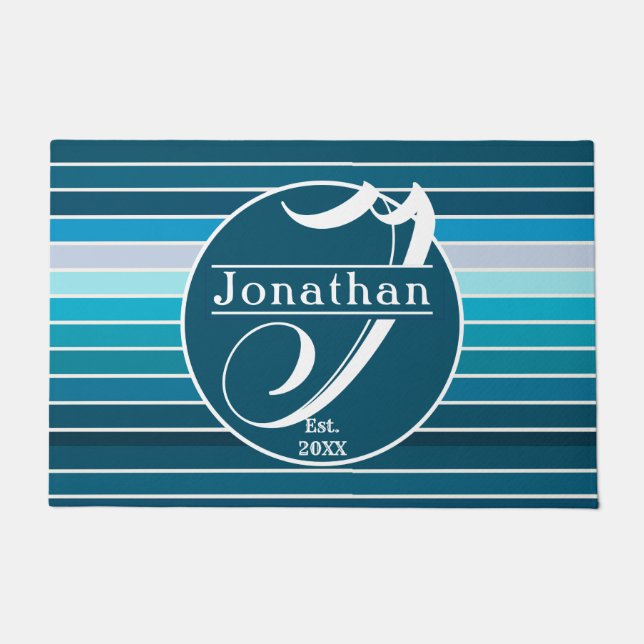 Paillasson Lac Blue Stripes Marine, Sky Blue, Aqua Monogramme (Devant)