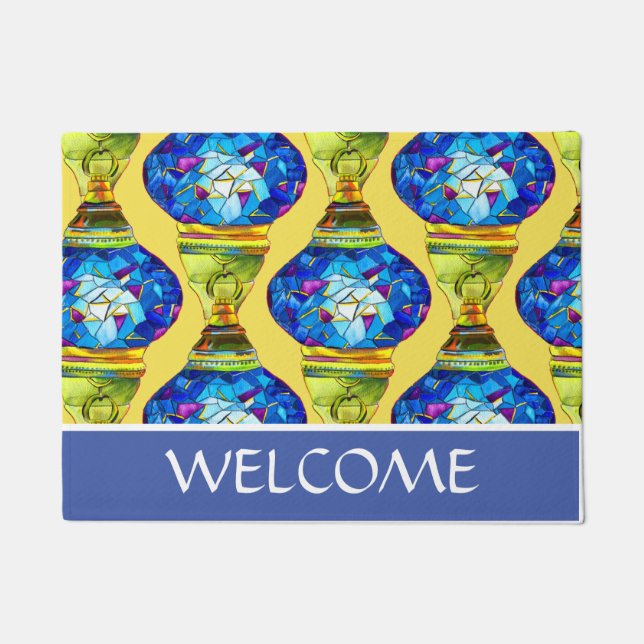 Paillasson Lampes turques mosaïque bleue aquarelle art (Devant)