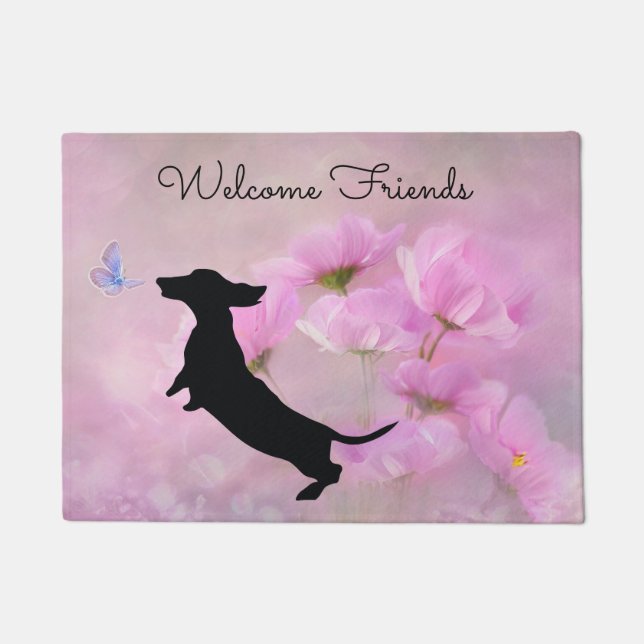 Paillasson Lavender Floral Dachshund Bienvenue Porte Mat (Devant)