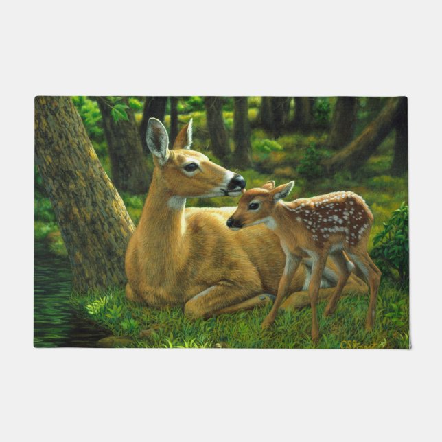 Paillasson Le printemps blanc Fawn et la mère Deer (Devant)