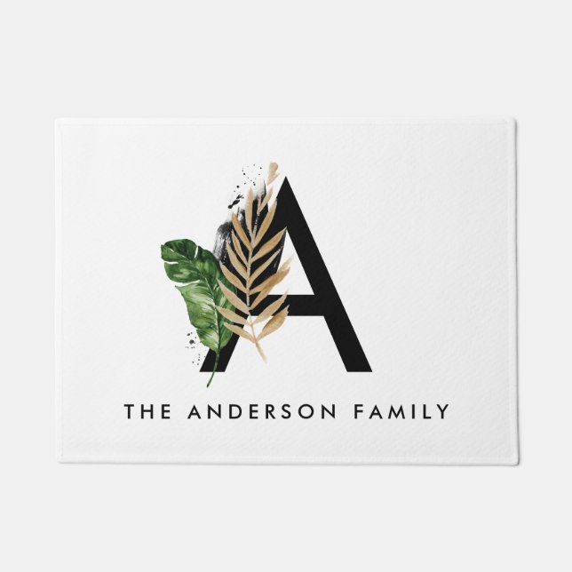 Paillasson LETTRE Feuille Tropicale Faux Gold Foil A Monogram (Devant)