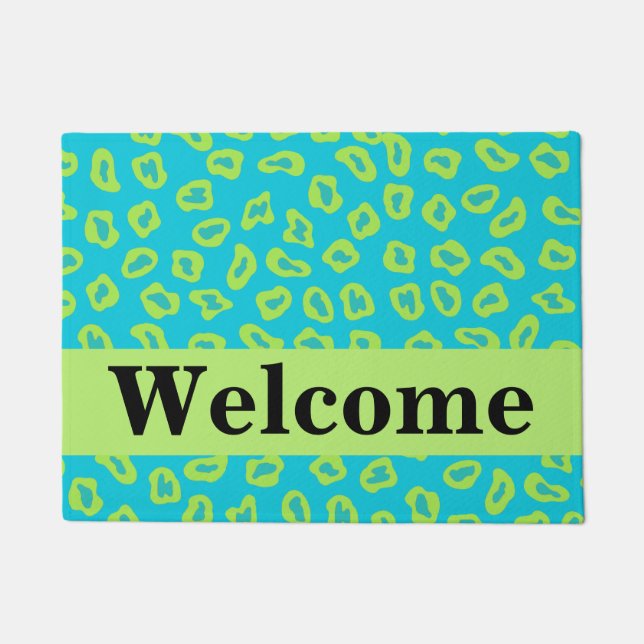 Paillasson Lime Vert Turquoise Leopard Motif de peau Bienvenu (Devant)