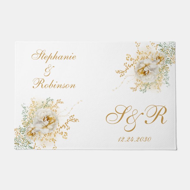 Paillasson Logo or Floral Monogram Mariage Cadeau (Devant)