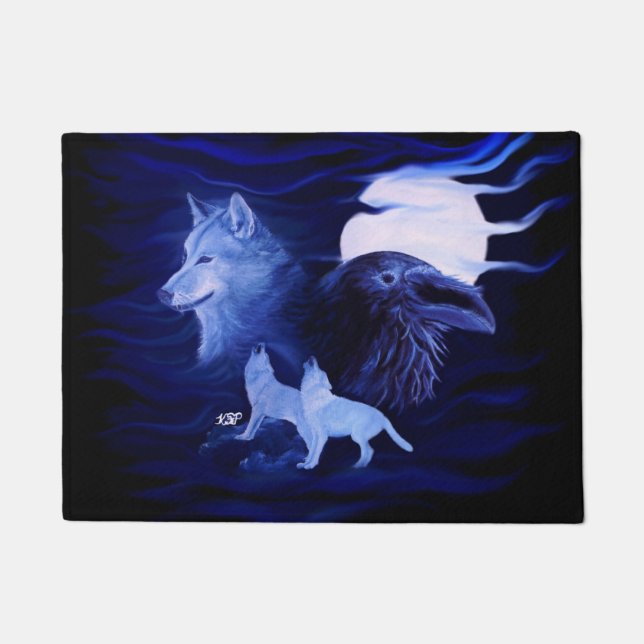 Paillasson Loups et corbeau avec pleine lune (Devant)
