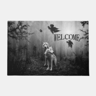 Paillasson Loups Noir et Blanc Feuille Nous Seuls Bienvenue