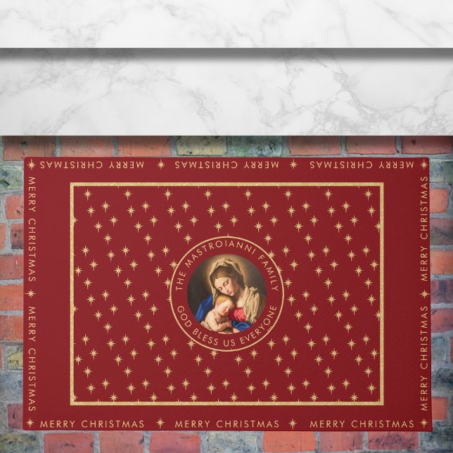 Paillasson Madonna & Enfant catholique cadeau de Noël religie (Religious Christmas doormat with Madonna and Child in red and gold for Catholics/Christians.)