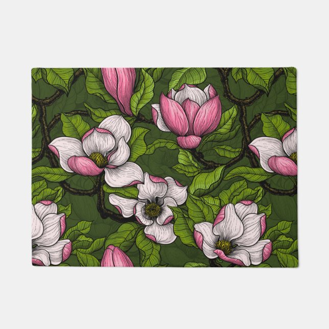 Paillasson Magnolia en floraison sur vert foncé (Devant)