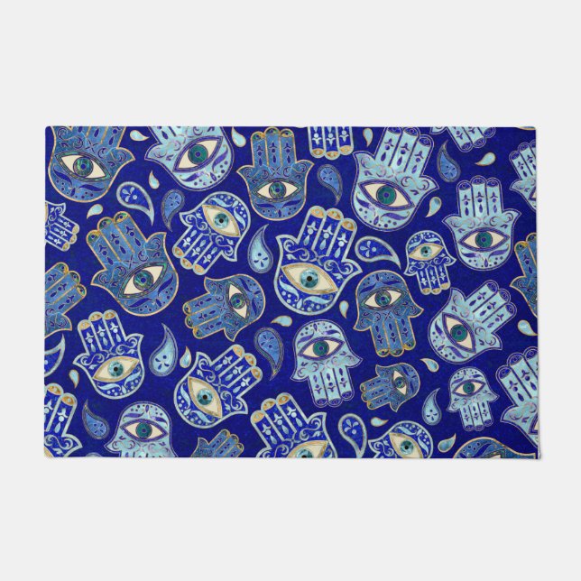 Paillasson Main Hamsa - Main de Fatima motif Minéraux Bleus (Devant)